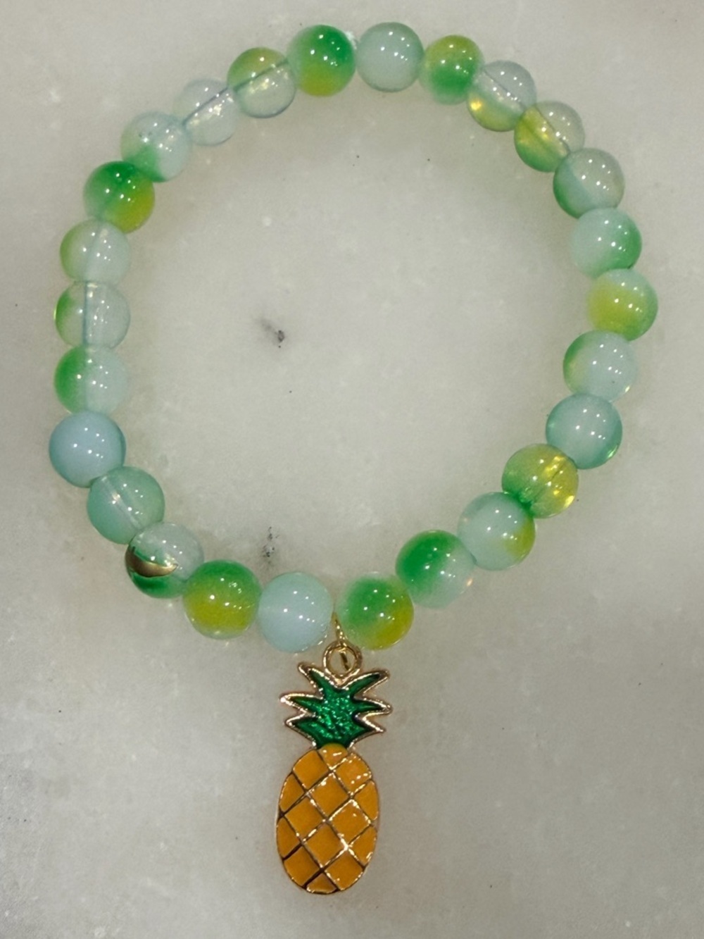 Green & Yellow Beaded Stretch Bracelet with Pineapple Charm